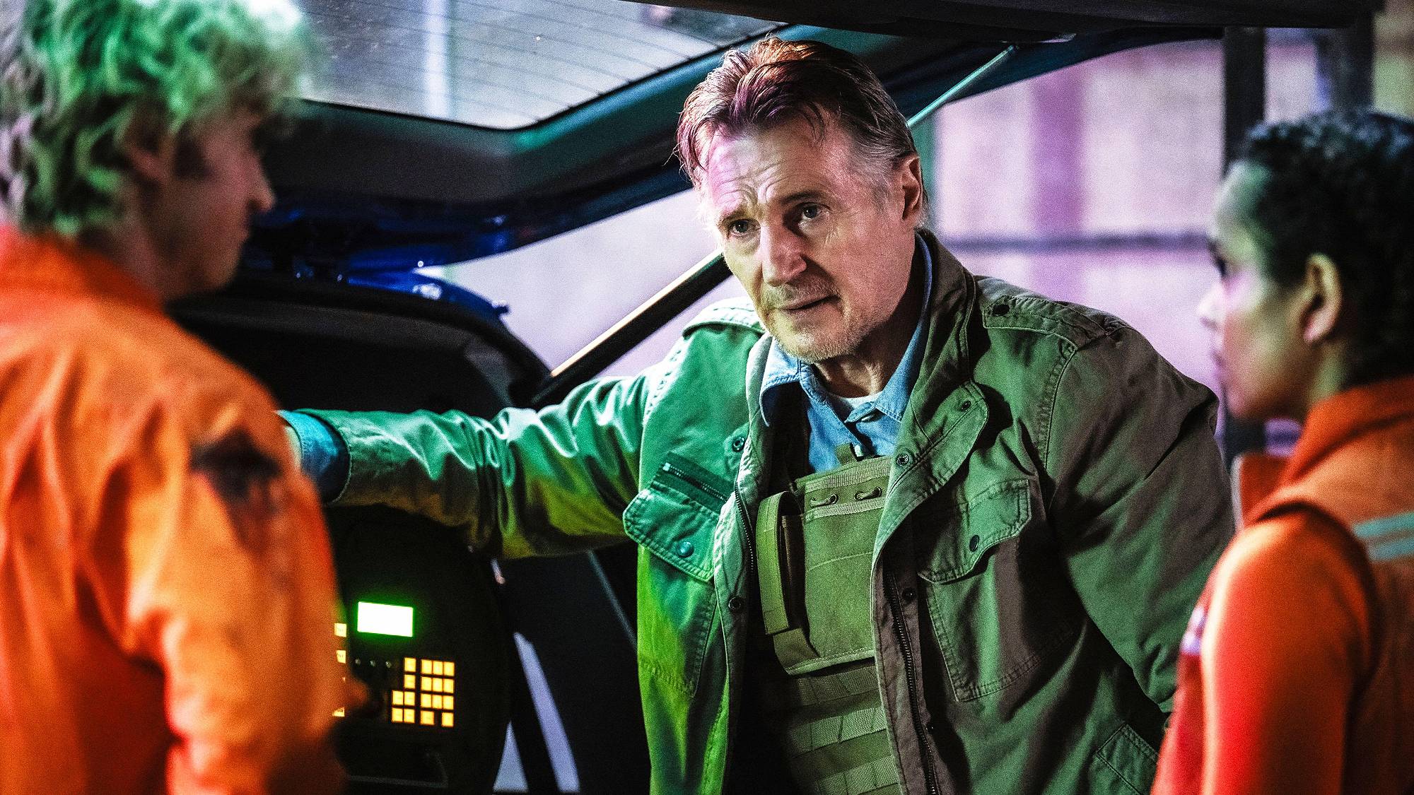 Joe Keery, Liam Neeson, and Georgina Campbell in "Cold Storage" (2026)