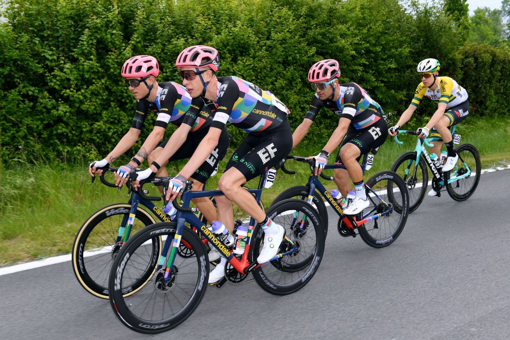 NOVARA ITALY MAY 09 Tejay Van Garderen of United States Hugh Carthy of United Kingdom Ruben Guerreiro of Portugal and Team EF Education Nippo Cameron Meyer of Australia and Team BikeExchange during the 104th Giro dItalia 2021 Stage 2 a 179km stage from Stupinigi Nichelino to Novara girodiitalia Giro UCIworldtour on May 09 2021 in Novara Italy Photo by Tim de WaeleGetty Images