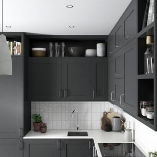 kitchen with grey coloured and sink with potted plant