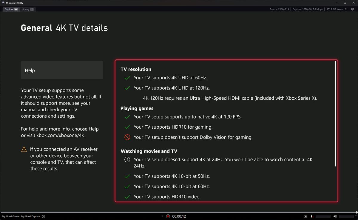 Elgato 4K Pro displaying Xbox Series X TV settings through 4K Capture Utility