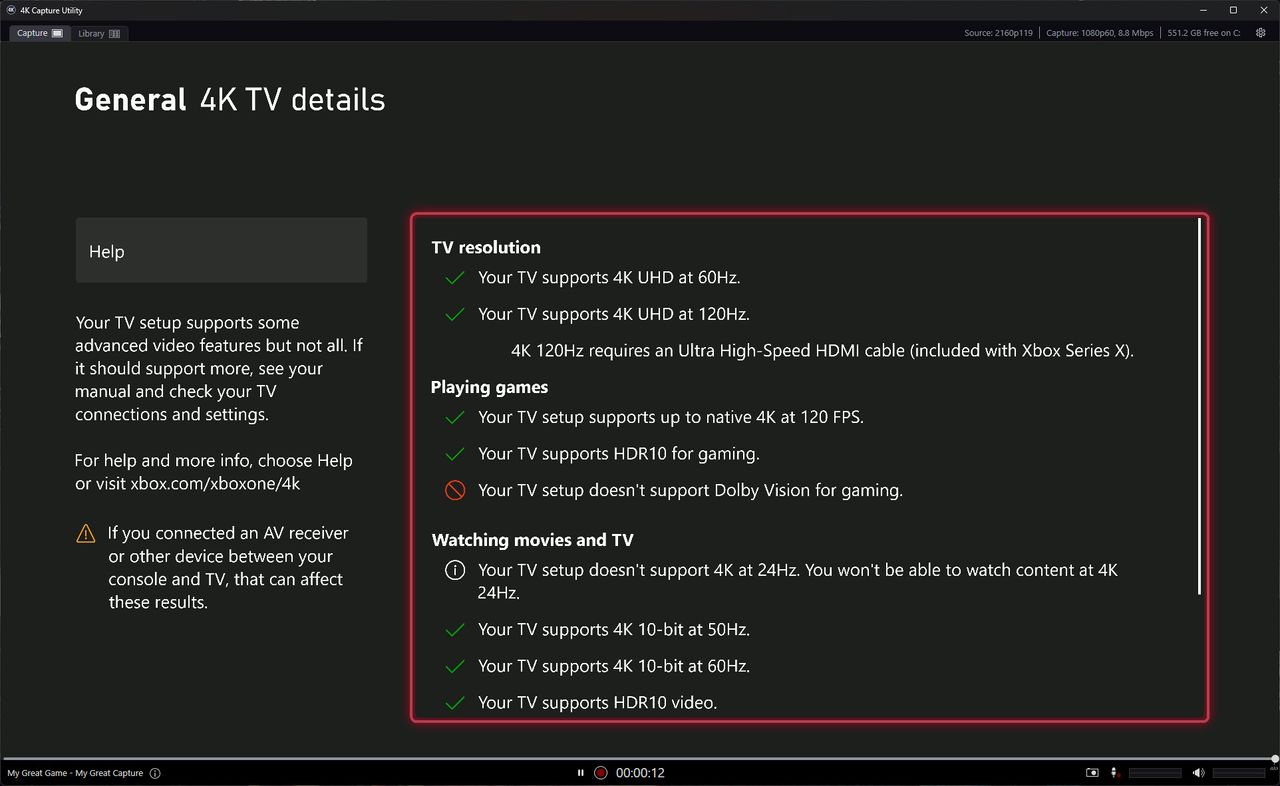 Elgato 4K Pro displaying Xbox Series X TV settings through 4K Capture Utility