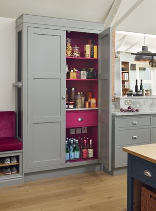 gray larder cupboard with hot pink interior