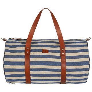 Hackett's Nautical Duffle Bag nautical blue and white stripes with brown straps