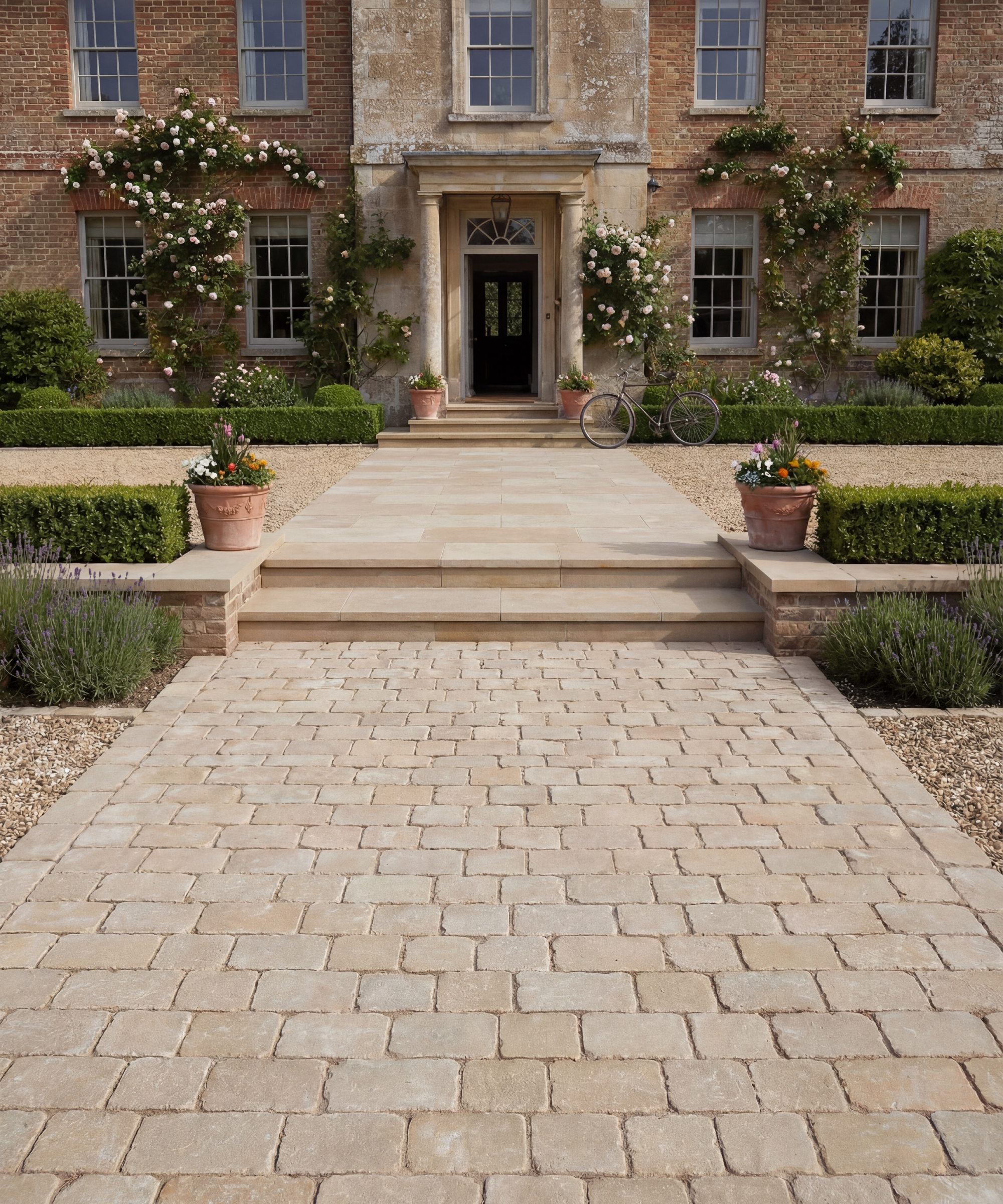 large country home with light stone cobbled path leading to steps, larger light stone slabbed path with gravel bordering path