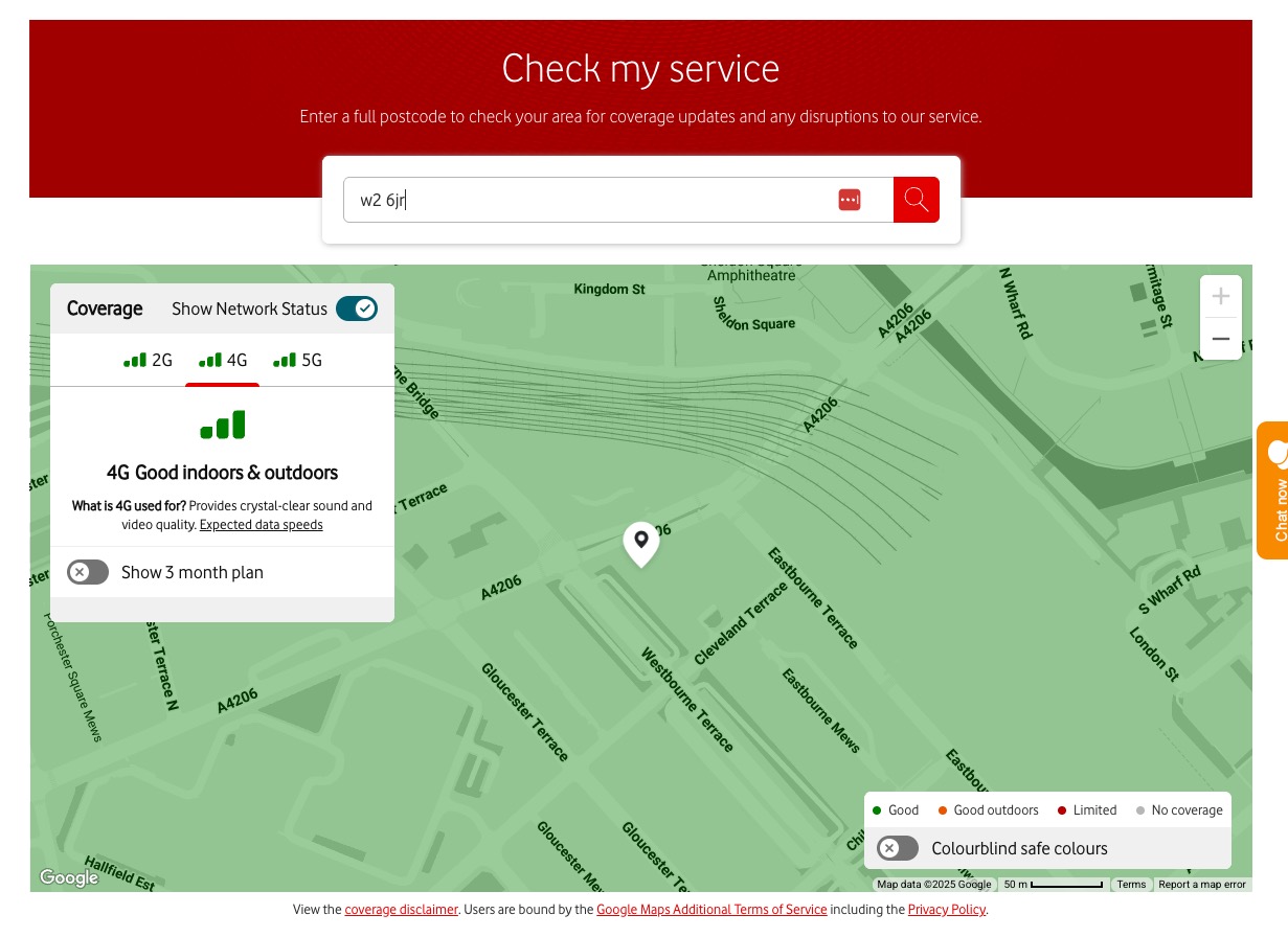 A screenshot of Talkmobile&#039;s status map, taken at around 17:35 UK time, showing green connectivity in central London