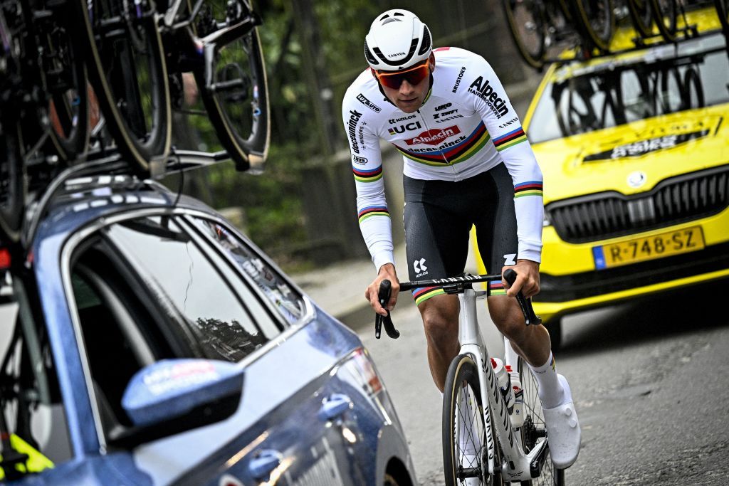 Dutch Mathieu van der Poel of Alpecin-Deceuninck pictured in action during the 'E3 Saxo Bank Classic' one day cycling race, 207km from and to Harelbeke, Friday 22 March 2024. BELGA PHOTO JASPER JACOBS (Photo by JASPER JACOBS / BELGA MAG / Belga via AFP)