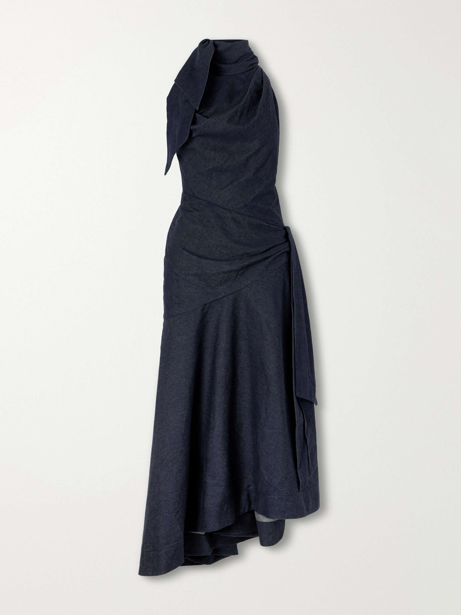 Valiant Open-Back Asymmetric Draped Denim Maxi Dress