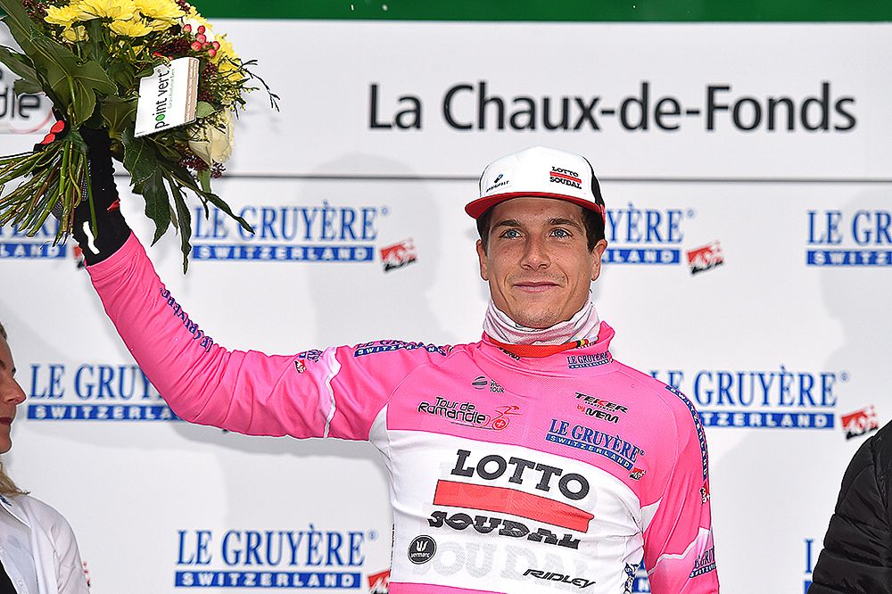 Louis Vervaeke in pink following the prologue at the Tour de Romandie