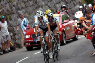 Andy Schleck (Saxo Bank) leads his brother Fränk and Alberto Contador up the Col de la Colombière.