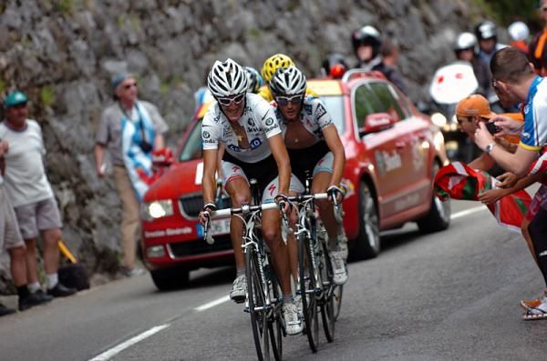 Andy Schleck (Saxo Bank) leads his brother Fr&auml;nk and Alberto Contador up the Col de la Colombi&egrave;re.