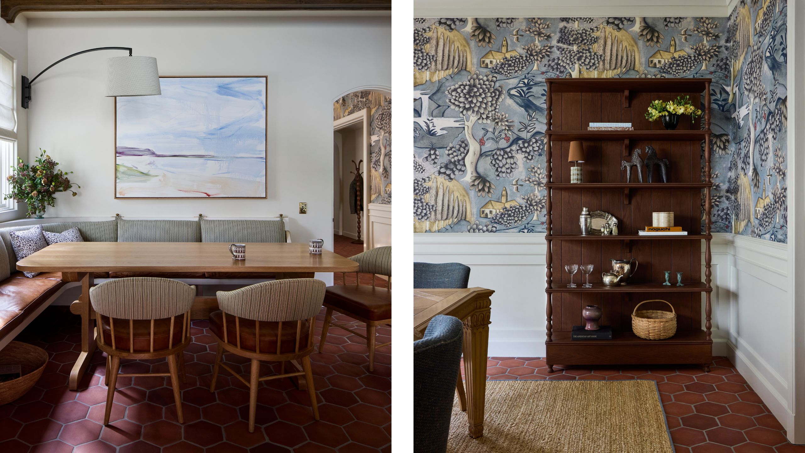 two side by side images of a layered breakfast nook with banquette and terracotta floors leading through to wallpapered formal dining room
