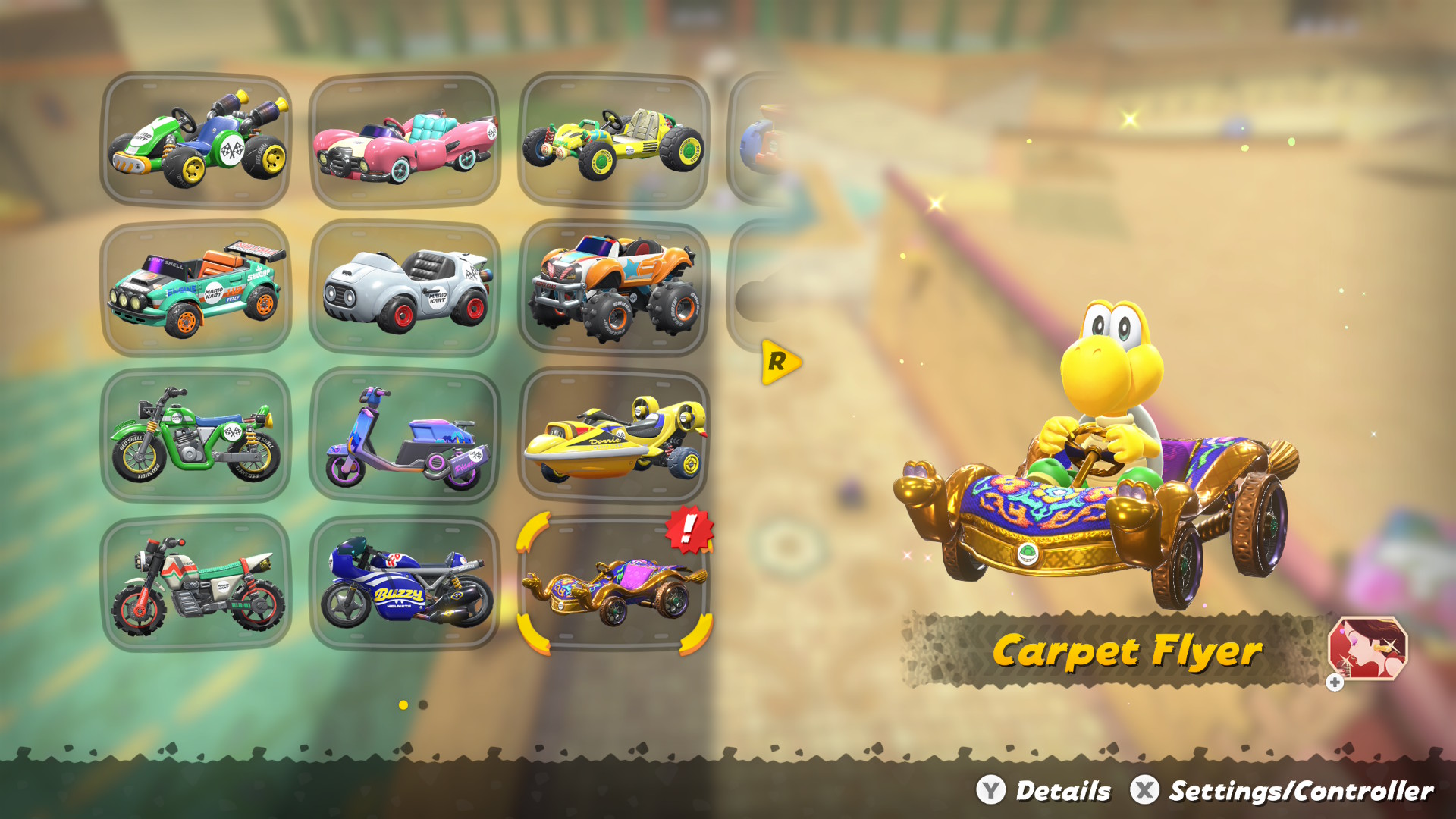 The kart selection screen in Mario Kart World