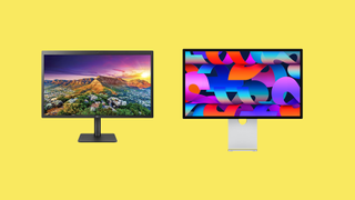 An Apple monitor and an LG monitor on a yellow background