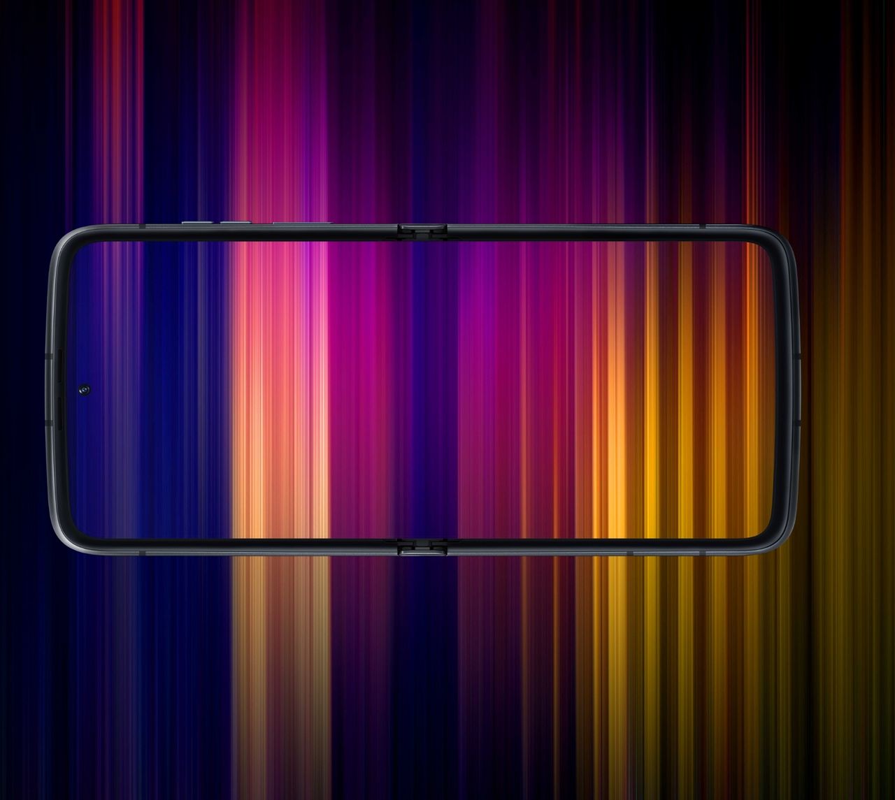 The Motorola Razr 2022 fully opened on its side with a multicoloured wallpaper which extends into the background