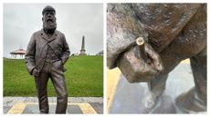 Side by side images of the vandalised Old Tom Morris statue