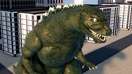 Godzilla marches through a city in Kaiju Alpha.