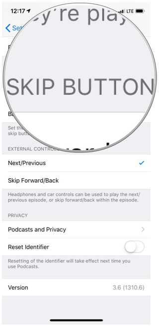 Apple Podcasts settings Skip Buttons section