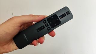 Projector remote in hand