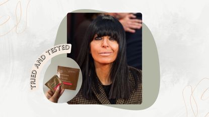 Image of Claudia Winkleman with black straight hair and block fringe, on a white marble background with green motif and peach swirls, a peach 'tried and tested banner' and a circular image of hand holding the self-tan pads