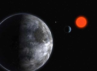 Artist's impression of the planetary system around the red dwarf Gliese 581. The five Earth-mass planet (seen in foreground - Gliese 581 c) is just inside the habitable zone.
