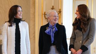 Princess of Wales (R) is welcomed by Queen Margrethe II (C) and Queen Mary of Denmark (L) during an audience at Christian IX's Palace