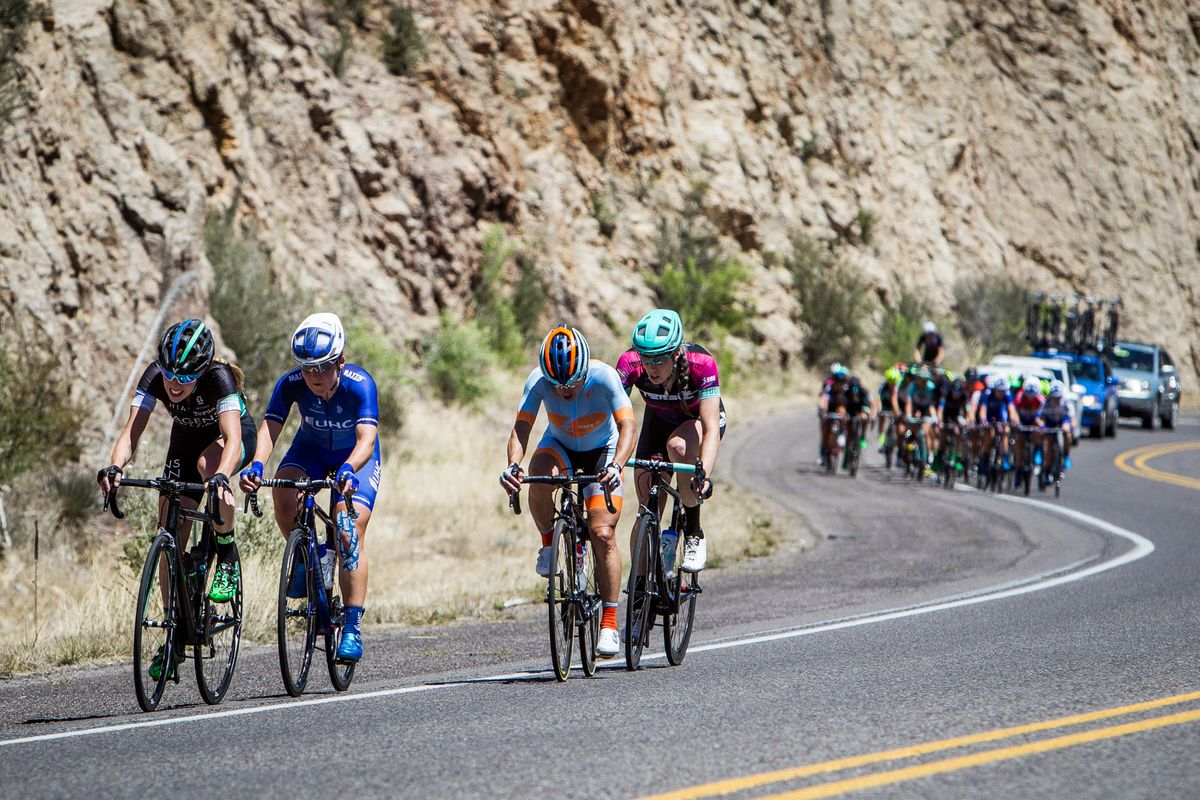 The womens break about to get caught on the climb during stage 2 at Tour of the Gila.