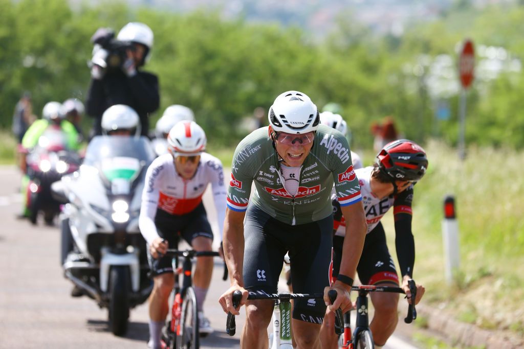 LAVARONE ITALY MAY 25 Mathieu Van Der Poel of Netherlands and Team Alpecin Fenix competes in the breakaway during the 105th Giro dItalia 2022 Stage 17 a 168 km stage from Ponte di Legno to Lavarone 1161m Giro WorldTour on May 25 2022 in Lavarone Italy Photo by Michael SteeleGetty Images
