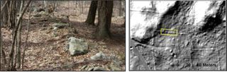 Here, a stone wall showing different initial construction heights, with the LiDAR image on the right.