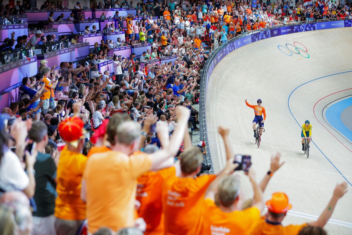 Picture by Ed Sykes/SWpix.com - 09/08/2024 - Paris 2024 Olympic Games - Track Cycling - National Velodrome, Saint-Quentin-en-Yvelines, France - Men's Sprint Final for Gold - Harrie Lavreysen (Netherlands) celebrates winning the Men's Sprint to become Olympic Champion