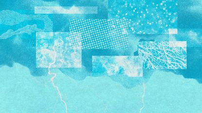 Photo collage of pollens, fungal spores and dust particles inside of a thunder cloud