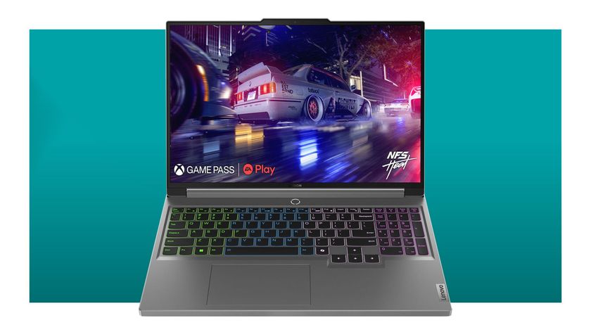 The Lenovo Legion 5i gaming laptop on a teal deals background