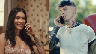 Megan Fox, smiling and wearing a pink cami on the phone with Machine Gun Kelley in a white tank top in the Lonely Road (Official Music Video), 2024