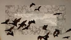 Photo collage of a swarm of bats and a background of abstract images evocative of bacteria under a microscope