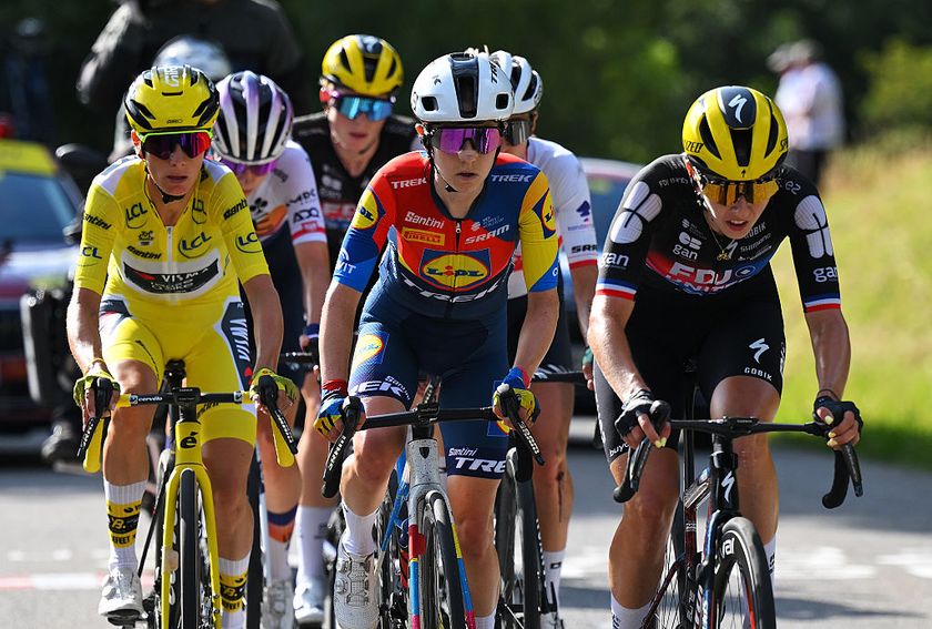 CHATEL LES PORTES DU SOLEIL, FRANCE - AUGUST 03: (L-R) Pauline Ferrand-Prevot of France and Team Visma | Lease a Bike - Yellow Leader Jersey, Niamh Fisher-Black of New Zealand and Team Lidl - Trek and Juliette Labous of France and Team FDJ - SUEZ compete in the breakaway during the 4th Tour de France Femmes 2025, Stage 9 a 124.1km stage from Praz-sur-Arly to Chatel Les Portes du Soleilon 1298m / #UCIWWT / August 03, 2025 in Chatel Les Portes du Soleil, France. (Photo by Tim de Waele/Getty Images)
