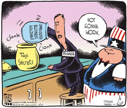 Political cartoon U.S. Jared Kushner security clearance downgrade debt