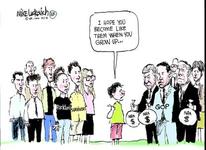 Political cartoon U.S. Parkland survivors protesters NRA GOP gun control