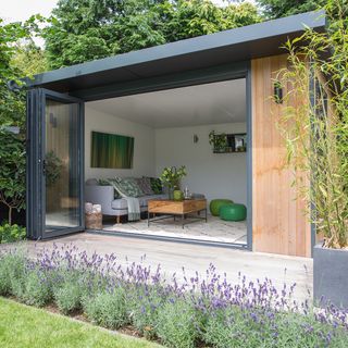 house with glass door and garden with purple flowers