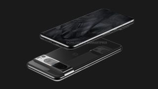 Mobiltelefoner av typen Google Pixel 8 Pro vises forfra og bakfra mot en svart bakgrunn.