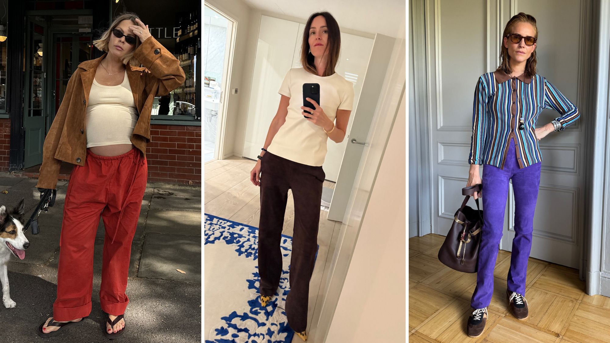 jessie bush, alex eagle and blanca miro wearing suede items from stouls