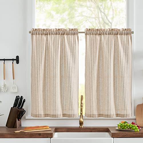 Topick Taupe Striped Kitchen Curtains 24 Inch Drop, Rod Pocket Small Cafe Curtain Tier 2 Panels, Light Filtering Short Half Window Curtains for Bathroom, Cupboard Base, Sink, Rv, W 26 X L 24 Inch