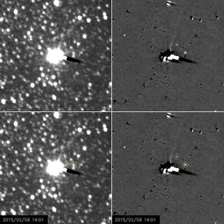 NASA's New Horizons probe captured these views of the Pluto moons Nix (yellow diamond) and Hydra (orange diamond) between Jan. 27 and Feb. 8, 2015. Pluto and its largest moon, Charon, are the fuzzy white blob in the images' center. Right-hand images have 