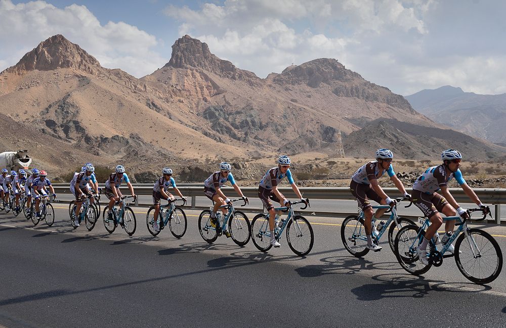 French riders Sebastien Minard, Damien Gaudin, Romain Bardet and Alexis Gougeard ride during the first stage of the seventh cycling Tour of Oman