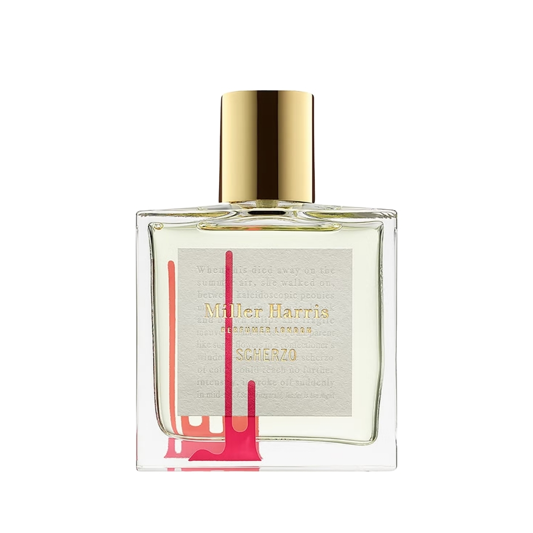 A product shot of the Miller Harris Scherzo Eau de Parfum, on a white background