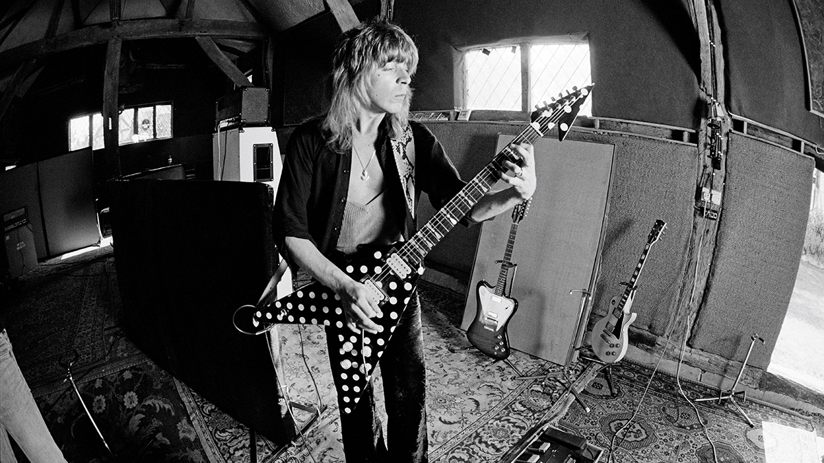 Randy Rhoads recording Ozzy Osbourne's 'Blizzard of Ozz' album at Ridge Farm Studio in West Sussex, England in May 1980