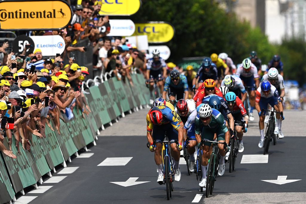 LIMOGES FRANCE JULY 08 LR Mads Pedersen of Denmark and Team LidlTrek and Jasper Philipsen of Belgium and Team AlpecinDeceuninck Green Points Jersey sprint at finish line during the stage eight of the 110th Tour de France 2023 a 2007km stage from Libourne to Limoges UCIWT on July 08 2023 in Limoges France Photo by Tim de WaeleGetty Images