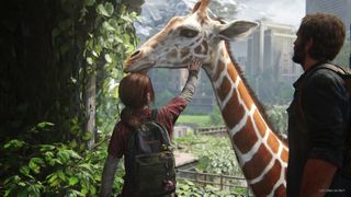 Ellie from The Last of Us Part 1 PS5 touching a giraffe