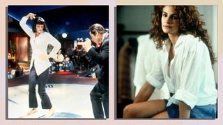 A montage which shows to scenes of women wearing white shirts in films, on the left, Uma Thurman, John Travolta / Pulp Fiction 1994 directed by Quentin Tarantino and on the right Julia Roberts in Pretty Woman