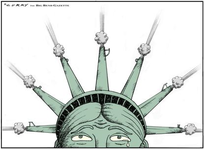 Political Cartoon U.S. Statue of Liberty Crown of Gun Barrels Mass Shootings