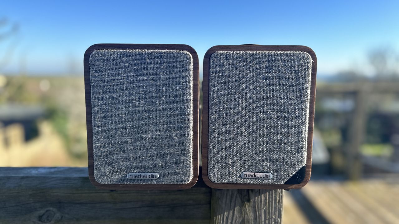 Ruark MR1 MkII speakers image, showing the gray fabric grille