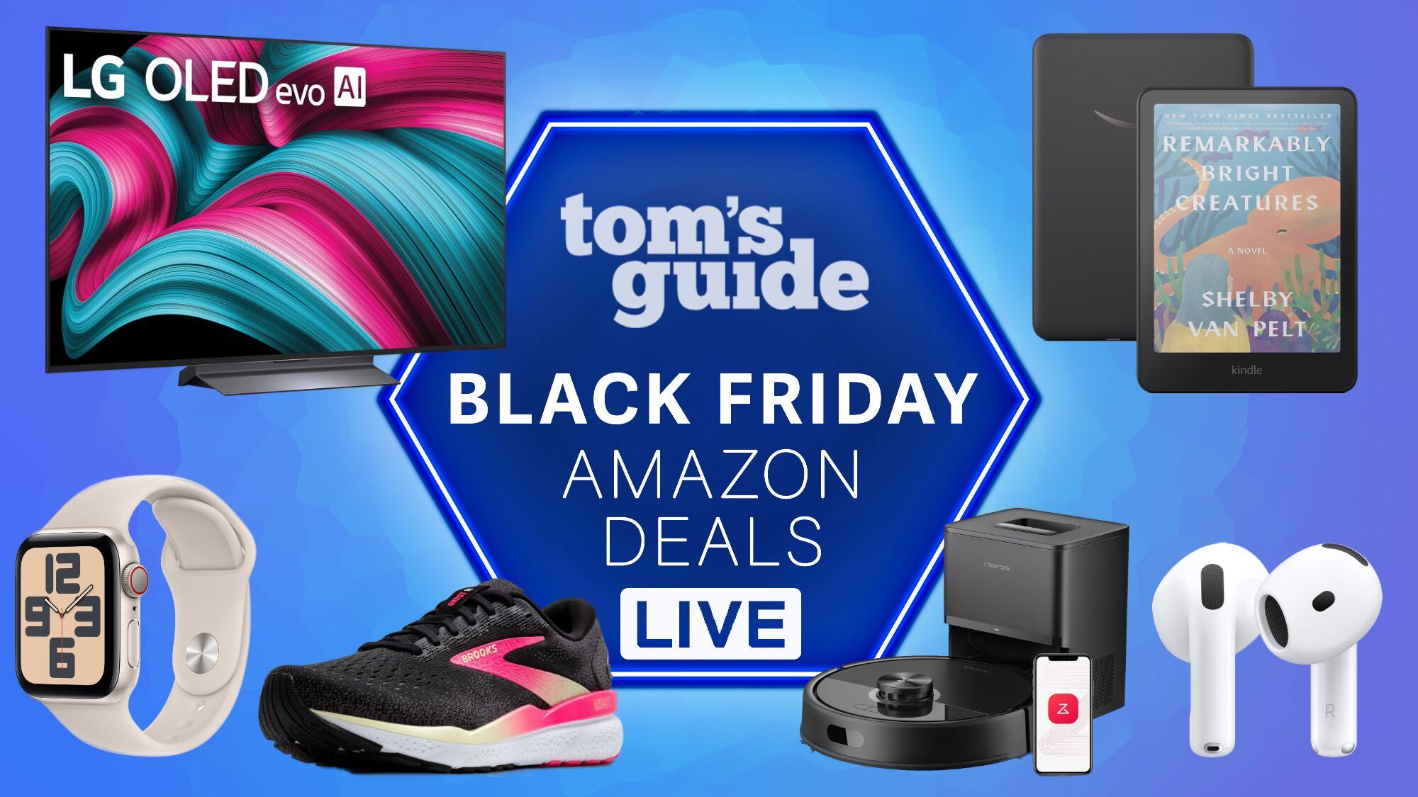 a blue background image with kindle colorsoft, roborocks vacuum, airpods 4, apple watch, lg oled tv, and brooks running shoes